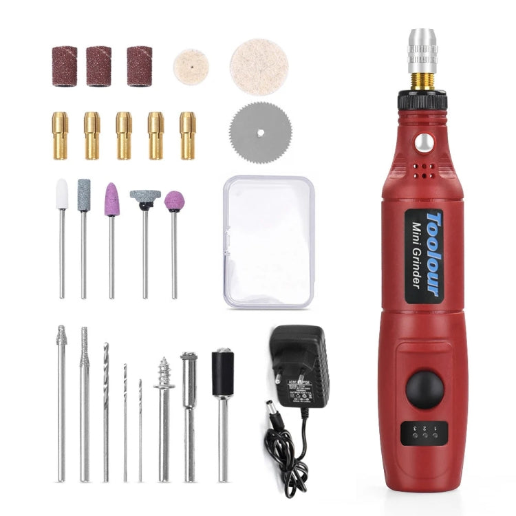Red mini electric grinder pen with accessories and charging adapter