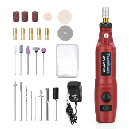Red mini electric grinder pen with accessories and charging adapter