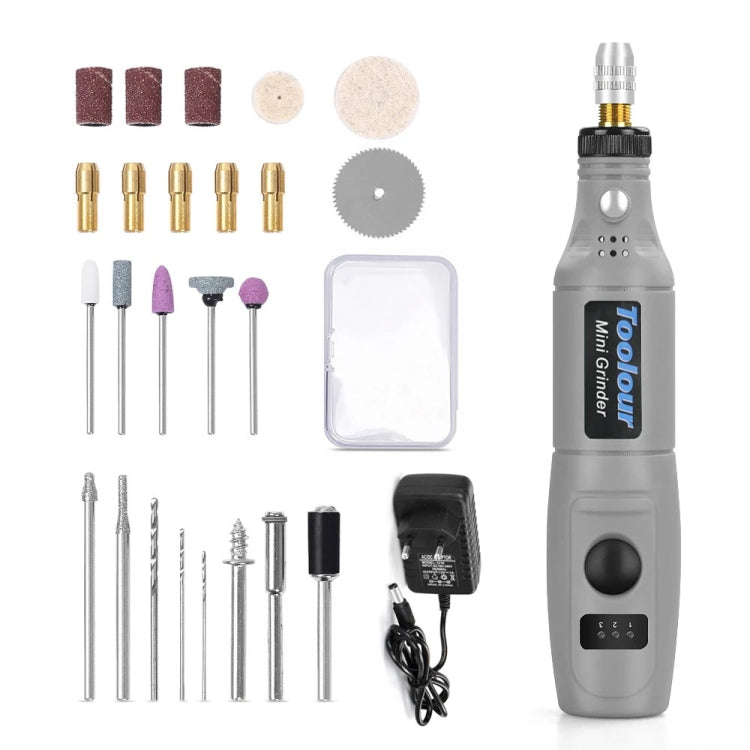Gray mini electric grinder pen with sanding/grinding bits and power adapter