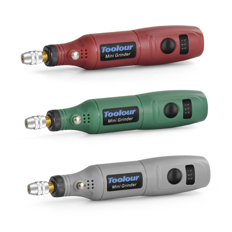 Mini electric grinder pen in red, green, and gray with metal chuck