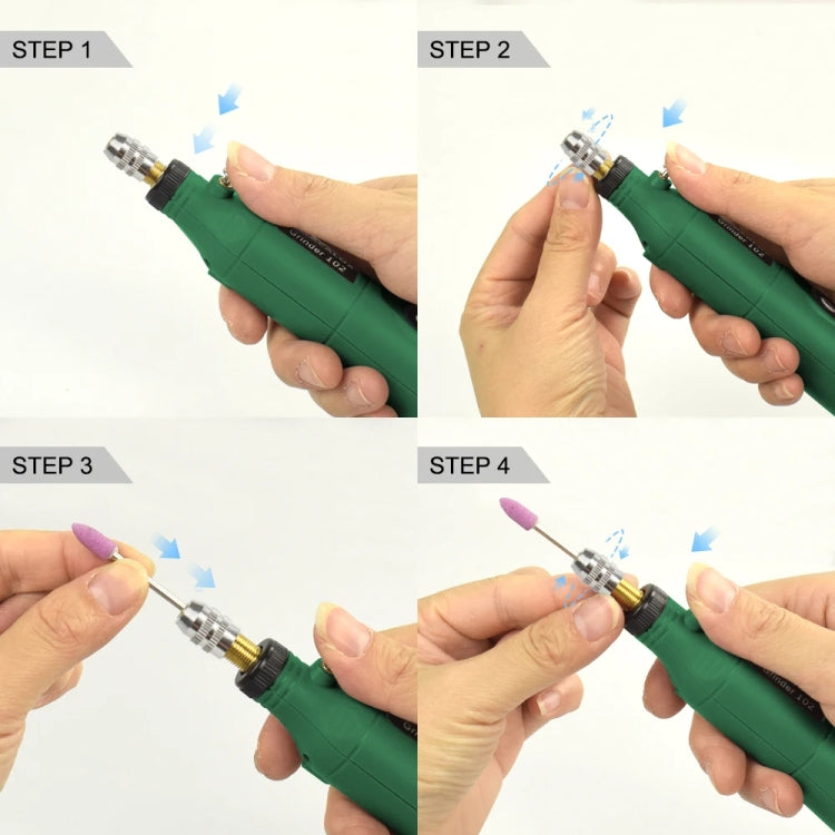 Hands using a green mini electric grinder pen to attach and change bits