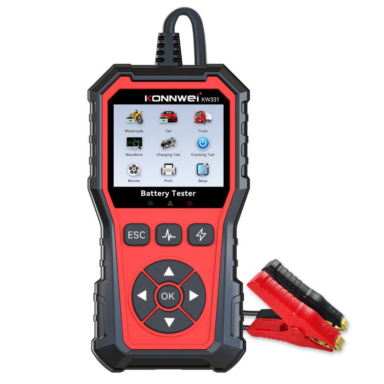 KONNWEI KW331 handheld battery tester with screen and red-and-black battery clamps