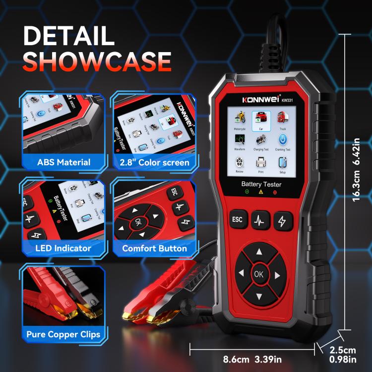 KONNWEI KW331 battery tester showing 2.8-inch color screen and rugged body