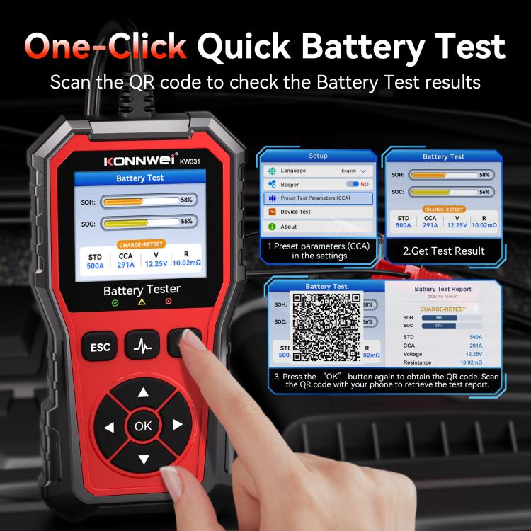 KONNWEI KW331 battery tester with one-click QR battery test interface on screen