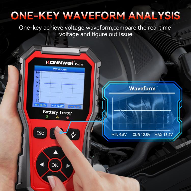 KONNWEI KW331 battery tester with waveform analysis screen and test buttons