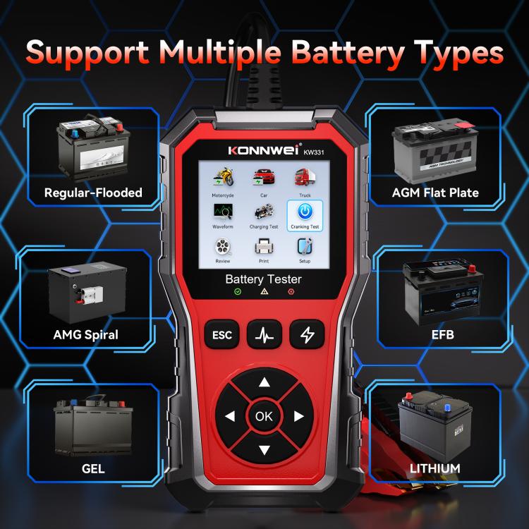 KONNWEI KW331 battery tester supporting multiple battery types with on-screen menu