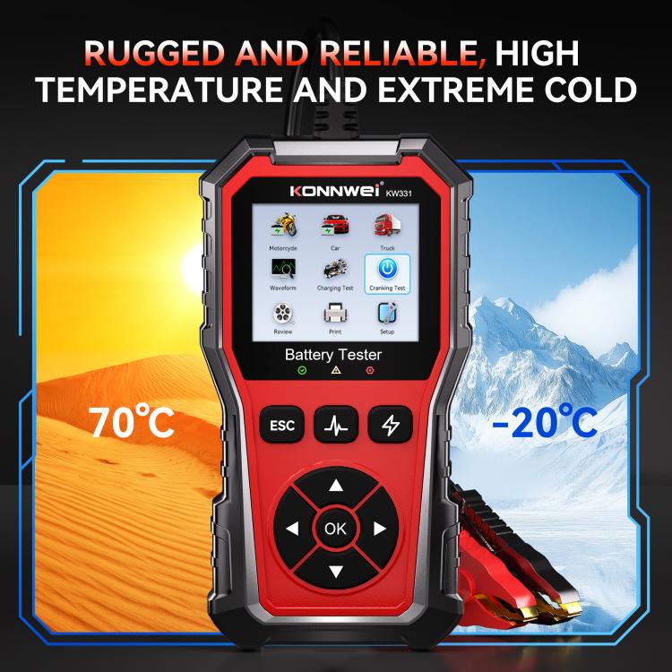KONNWEI KW331 battery tester with attached red battery clamp leads