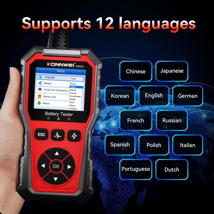 KONNWEI KW331 battery tester with language selection menu on the display