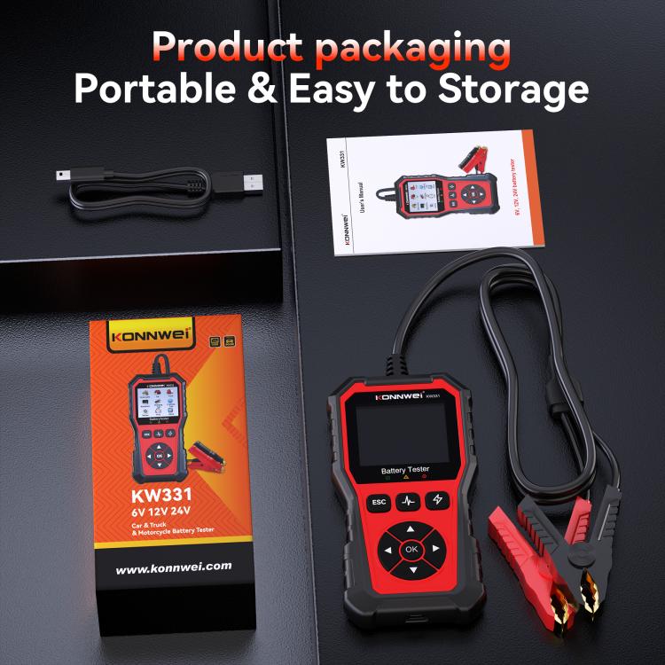 KONNWEI KW331 portable battery tester with USB cable, clamps, and box