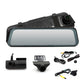 Rearview mirror dashcam with triple camera setup and connected wiring components
