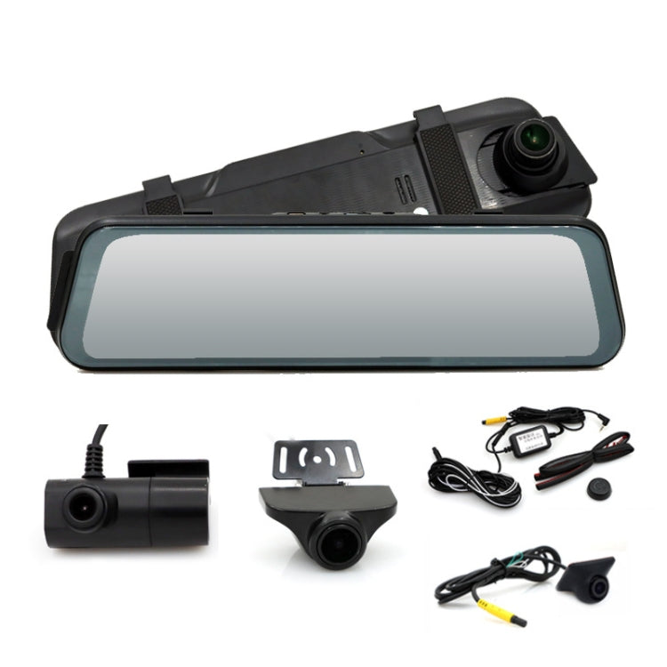 Rearview mirror dashcam with triple camera setup and connected wiring components