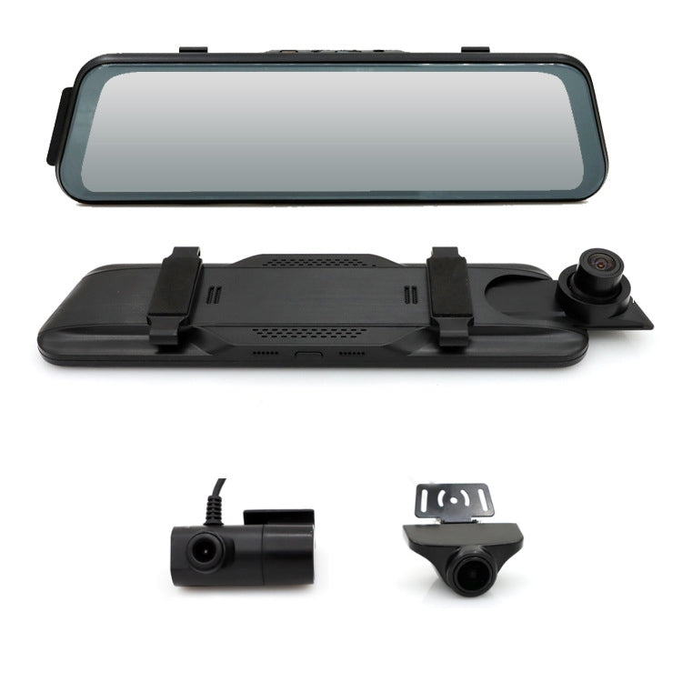 Rearview mirror dashcam with detachable base, plus two external camera modules