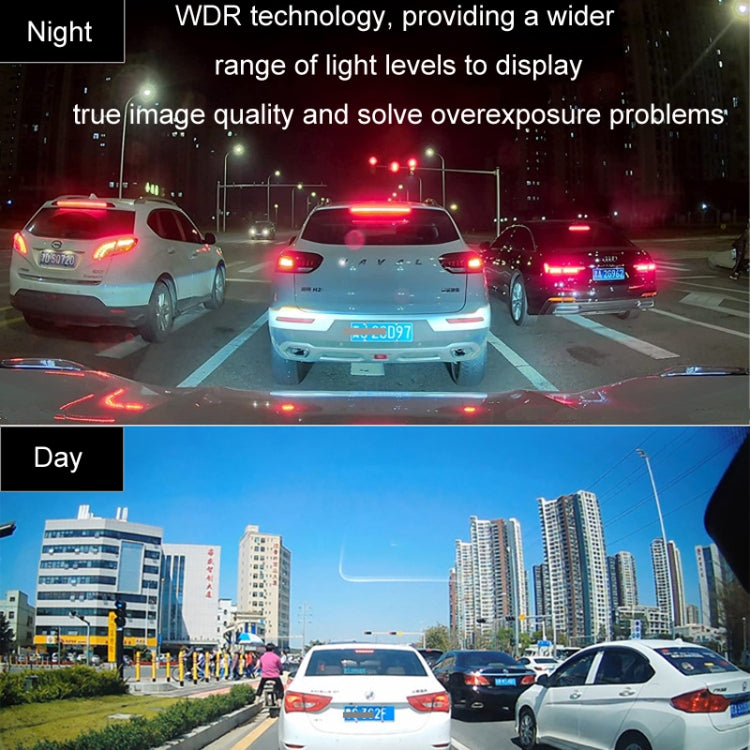 Car dash cam showing night and day road footage with WDR wide dynamic display