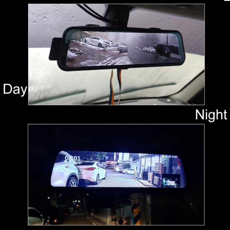 Car dash cam mirror screen showing daytime and nighttime driving footage