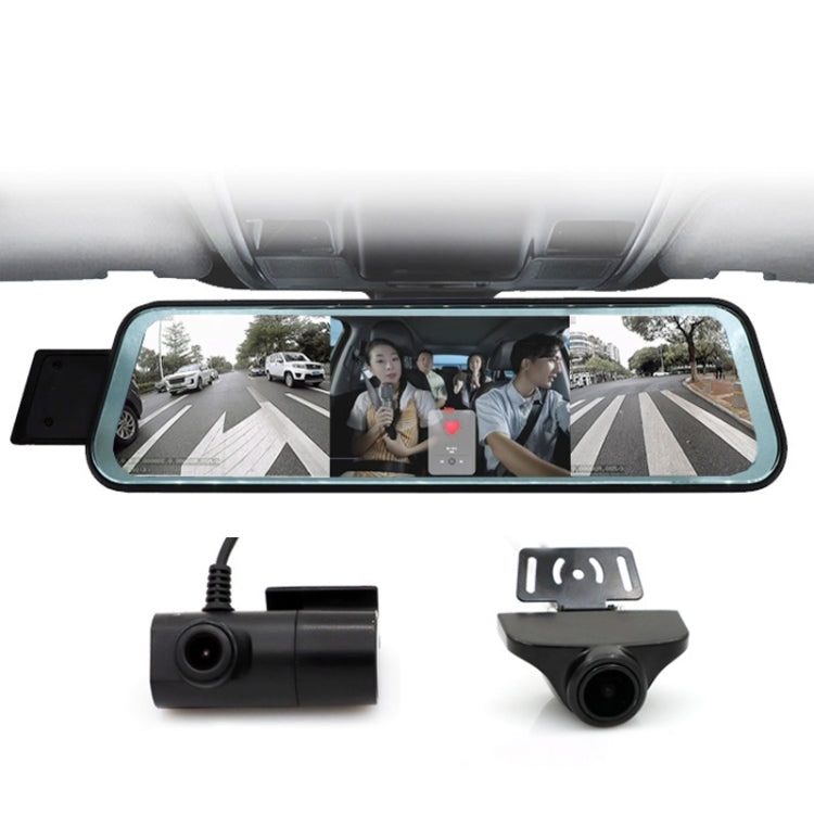 Car dash cam mirror with front camera and rear-view camera modules included