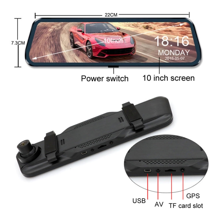Rearview mirror dashcam with 10-inch screen and rear connection ports panel