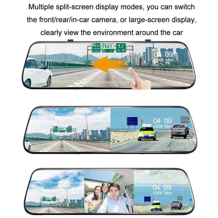Car dash cam mirror with split-screen display for front and rear camera views