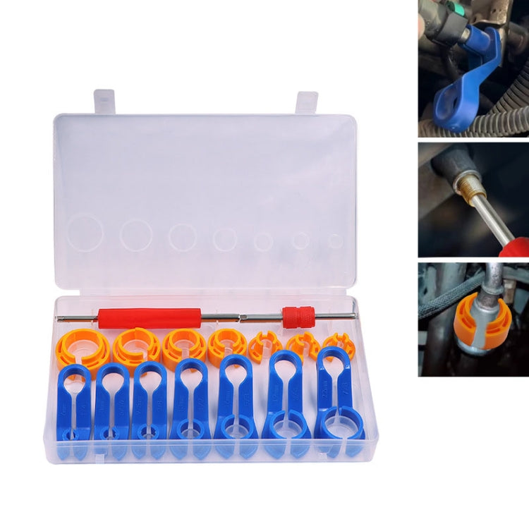 16-piece fuel line quick removal tool set with blue hooks and orange clips in case