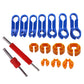 Fuel line quick removal tool set with blue release hooks, orange clips, and red rods