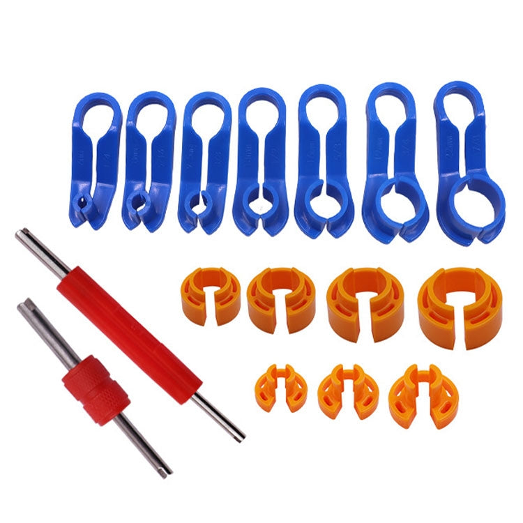 Fuel line quick removal tool set with blue release hooks, orange clips, and red rods