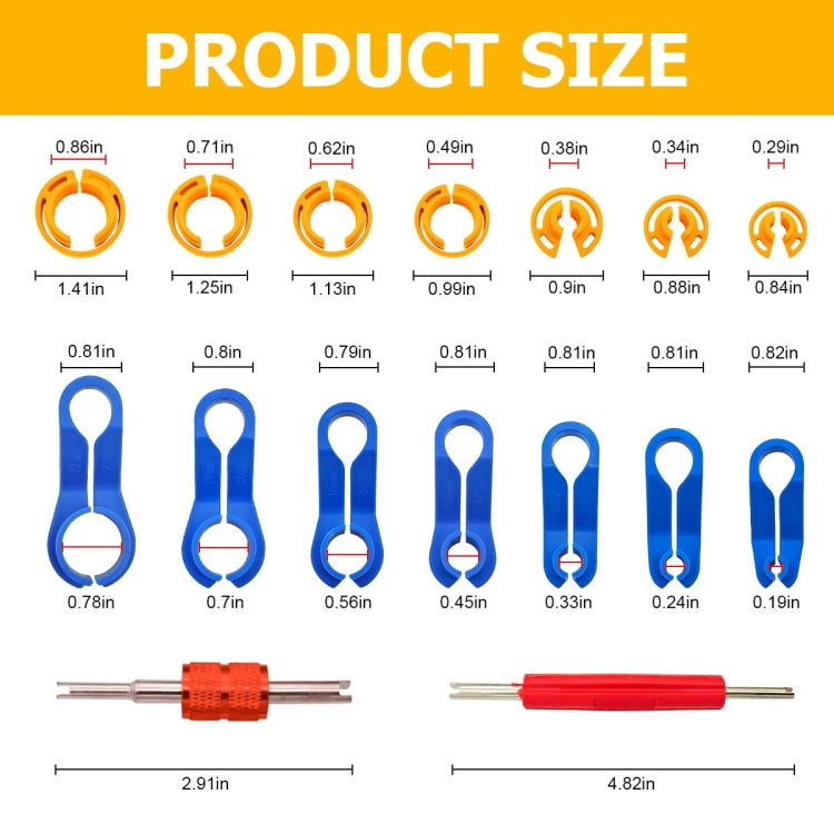 Fuel line quick removal tool size chart with blue hooks and orange circular clips