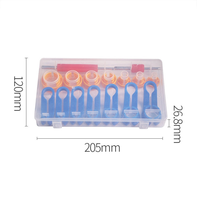 16-piece fuel line quick removal tool set in clear storage box with blue and orange pieces