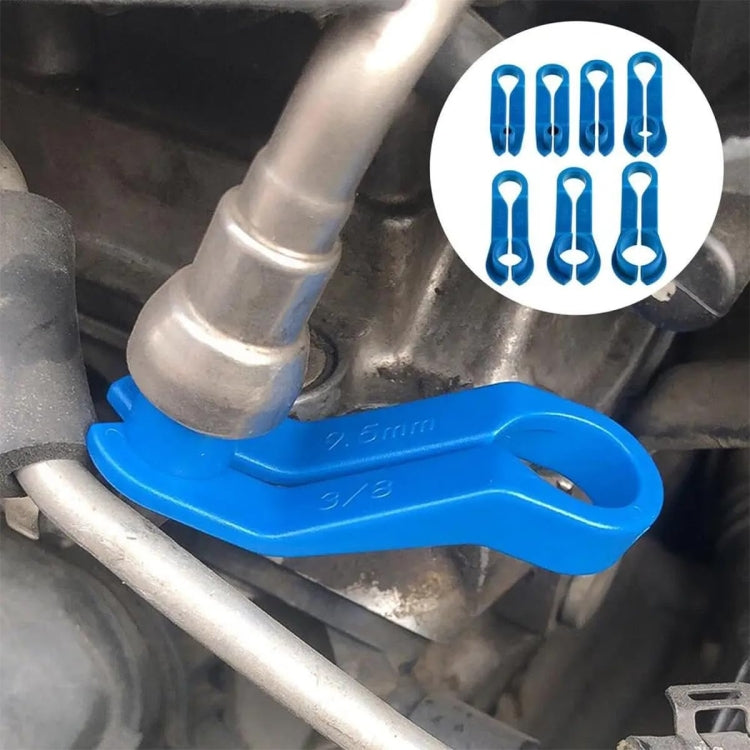 Blue fuel line quick disconnect tool holding a metal hose connector in place