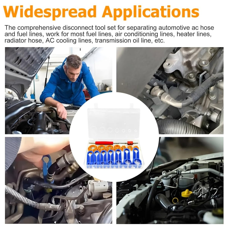 Car air conditioning line tool kit shown for multiple engine compartment hose connections