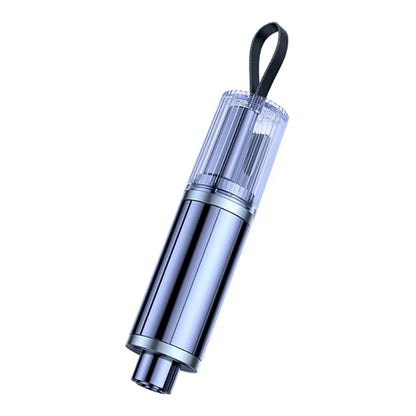 Mini car safety hammer with clear plastic head, black lanyard, silver body, steel tip