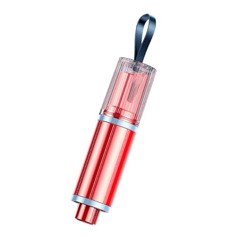 Mini car safety hammer with red plastic head, black lanyard, silver body, steel tip