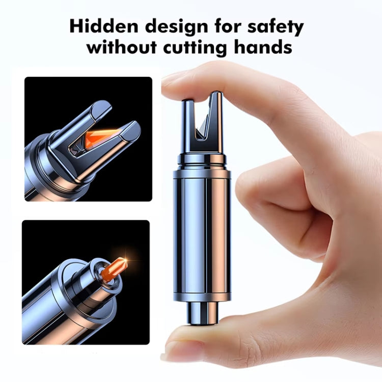 Mini car safety hammer in hand, stainless steel cutter tool with clear head and lanyard