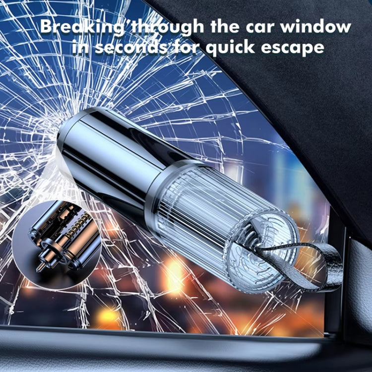 Mini car safety hammer for breaking car windows, clear head and lanyard, steel tip visible