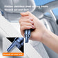 Mini car safety hammer held near seat, stainless steel belt cutter tip and lanyard