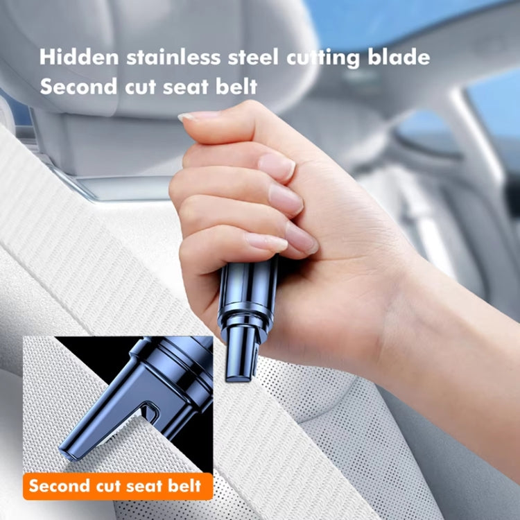 Mini car safety hammer held near seat, stainless steel belt cutter tip and lanyard