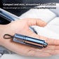 Mini car safety hammer on palm, compact silver body with clear head and black lanyard
