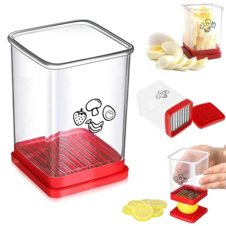 Fruit and vegetable slicer with clear container, red base, push plate, and slicing blades