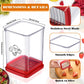 Fruit slicer with clear container, red frame, stainless steel blade, and smooth edges