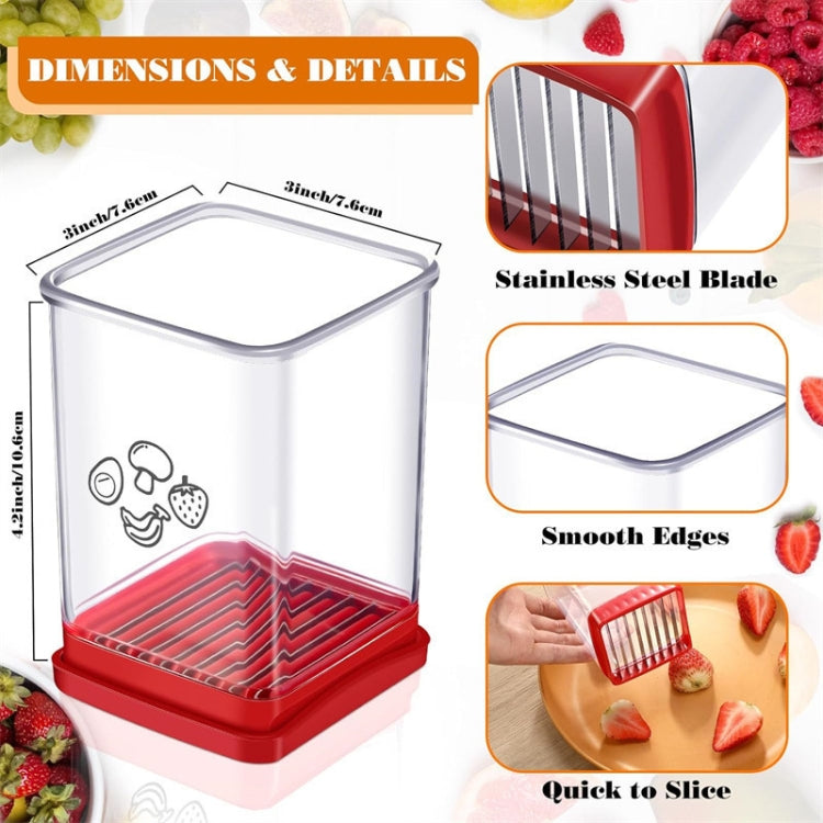 Fruit slicer with clear container, red frame, stainless steel blade, and smooth edges