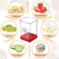 Fruit and vegetable slicer with clear container and red base, shown with sliced ingredients
