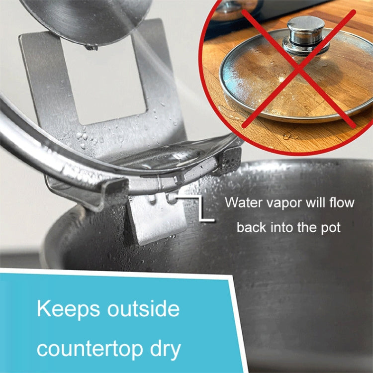 Stainless steel pot lid holder with angled clip and cutouts plus silicone feet