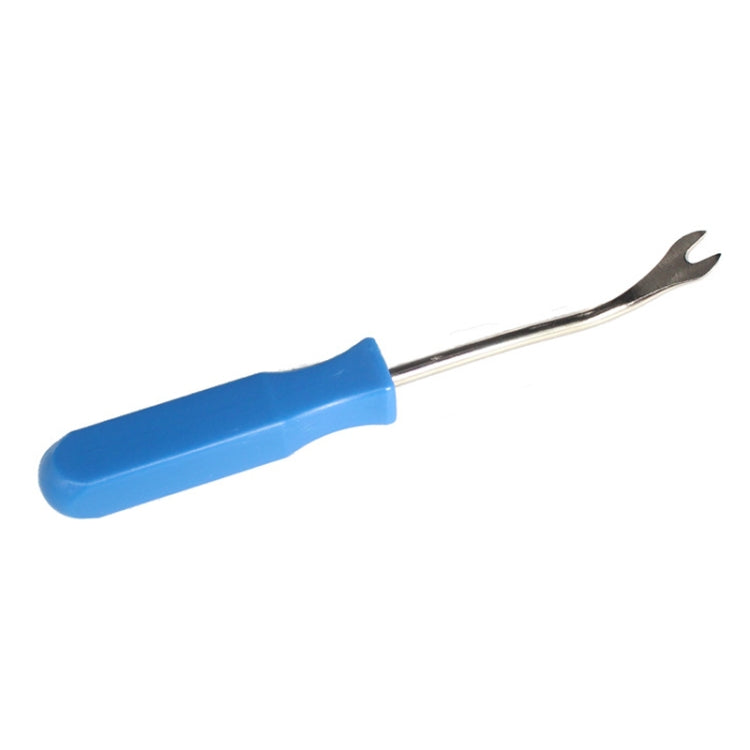 Car door panel removal tool with blue handle and metal pry fork