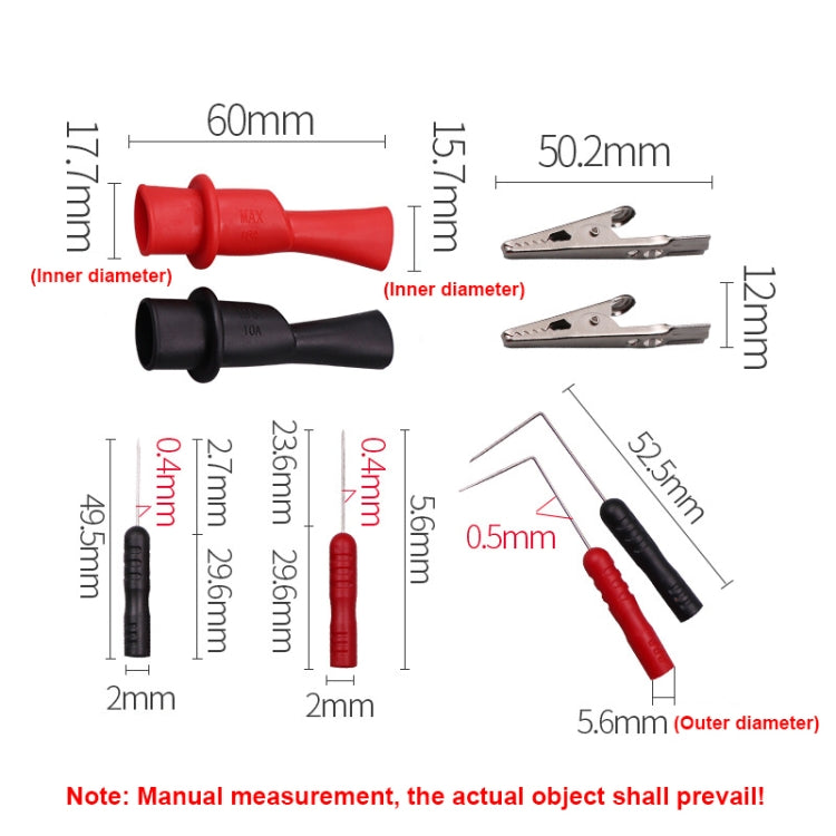 Replacement probes with red/black insulated handles and metal tips, with size measurements shown