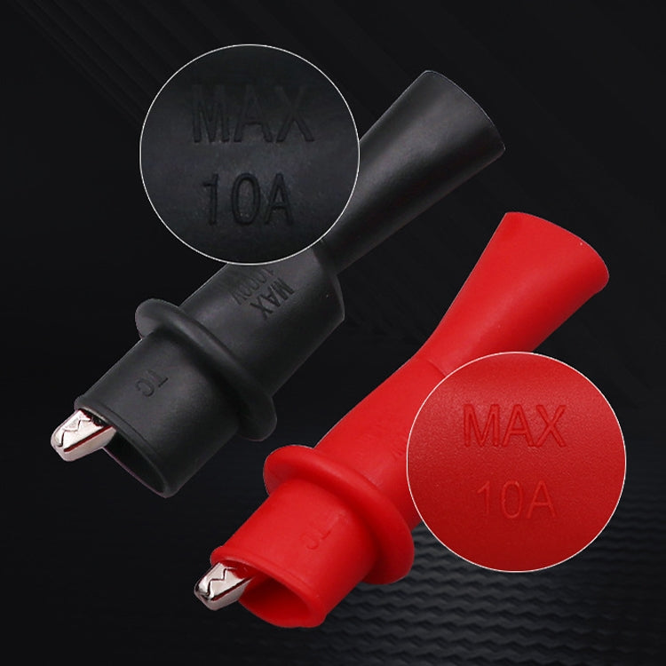 Black and red multimeter probe plugs with MAX 10A terminal markings and metal prongs