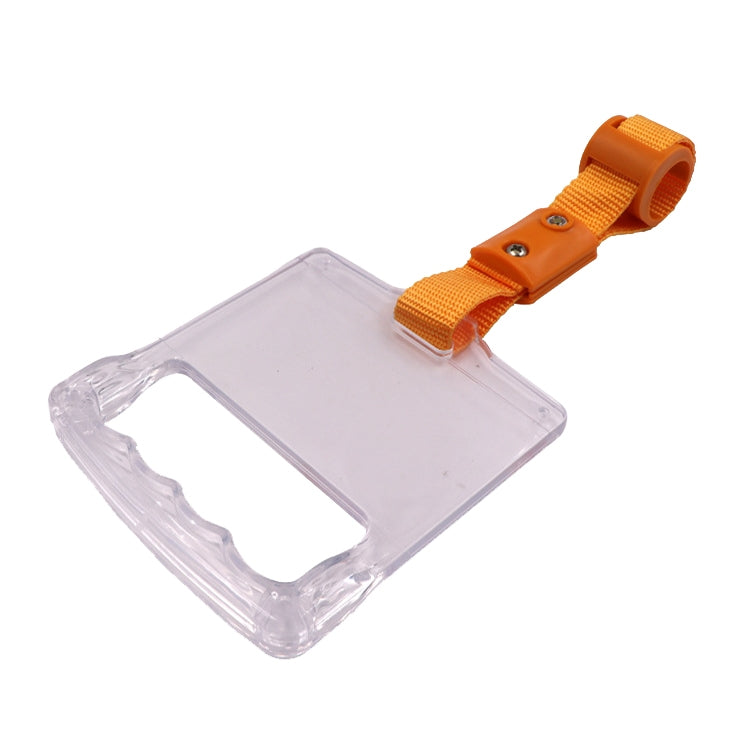 Bus pull ring handle with clear plastic grip and orange webbing strap
