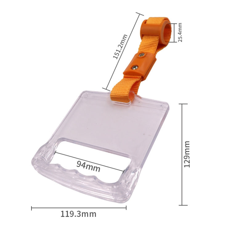 Bus pull ring handle with clear pull plate and orange strap, ring at top