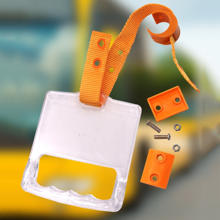 Bus pull ring handle with orange strap, clear plate, and hanging ring pull