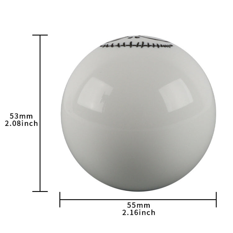 White spherical shift knob with ghost face design; includes size diagram