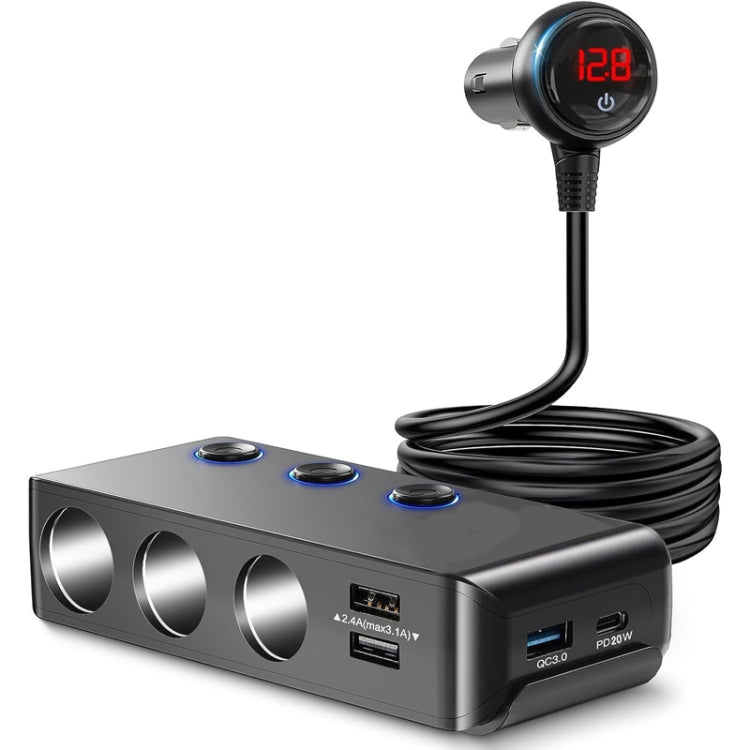 7-in-1 car charger with 3 cigarette sockets and LED power display