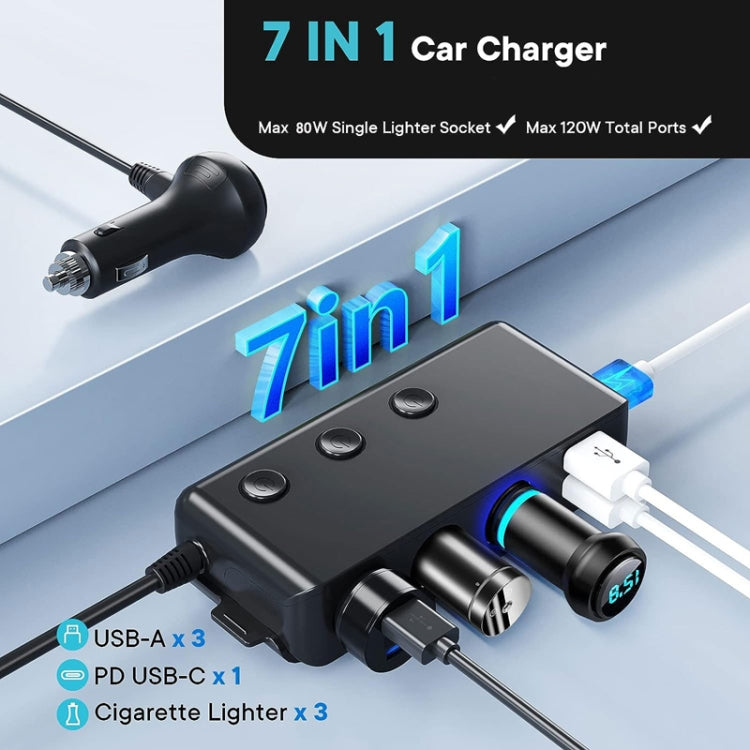7-in-1 car charger with USB-A, USB-C, and cigarette lighter ports, close-up
