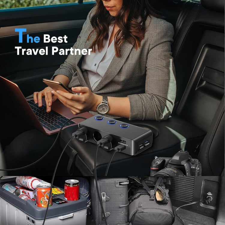 Car multi-port charger on back seat with connected cables and power ports